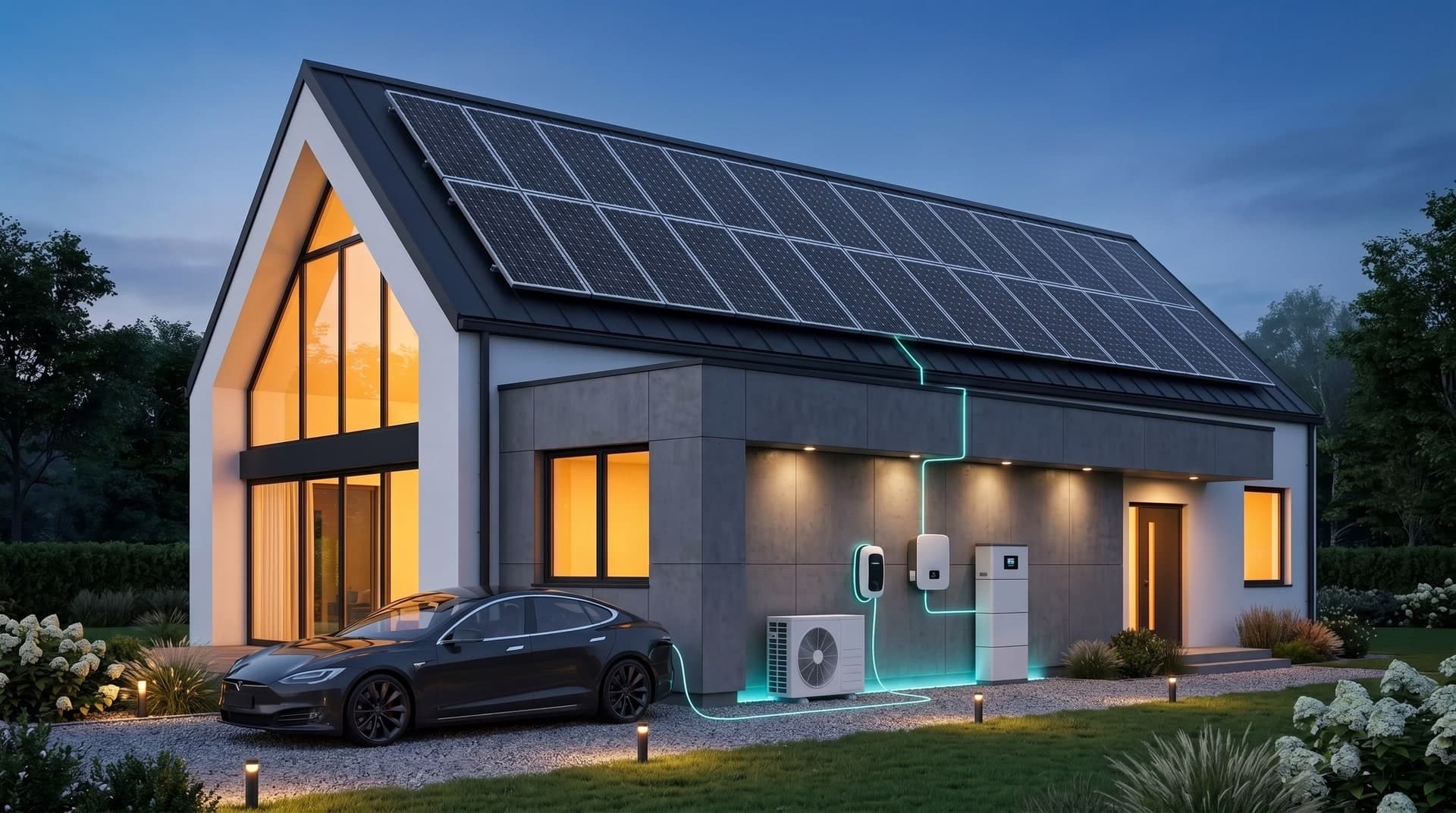 Gün ışığında modern bir ev; çatısında güneş panelleri, duvarında batarya, önünde şarjdaki elektrikli araç